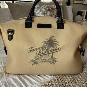 Tommy Bahama Taupe Canvas & Dark Brown Leather Weekender Logo Duffle Bag